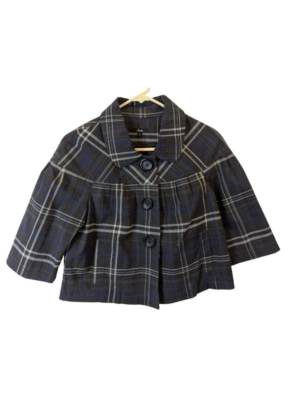 Sele M Charcoal Plaid Cropped Jacket Swing 3 Button 3/4 Sleeve Vintage Preppy